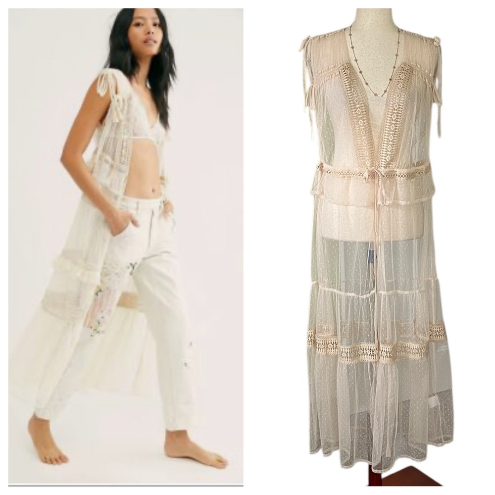 Express Washed Cream Sheer Satin & Lace Kimono Duster